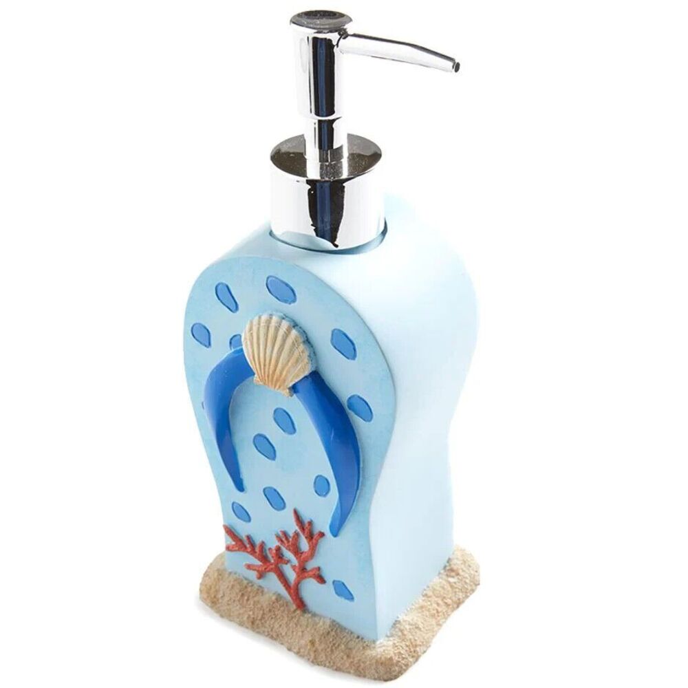 Gone to the Beach Flip-Flop Soap Lotion Dispenser Blue Tan Ceramic Bath Gift NEW